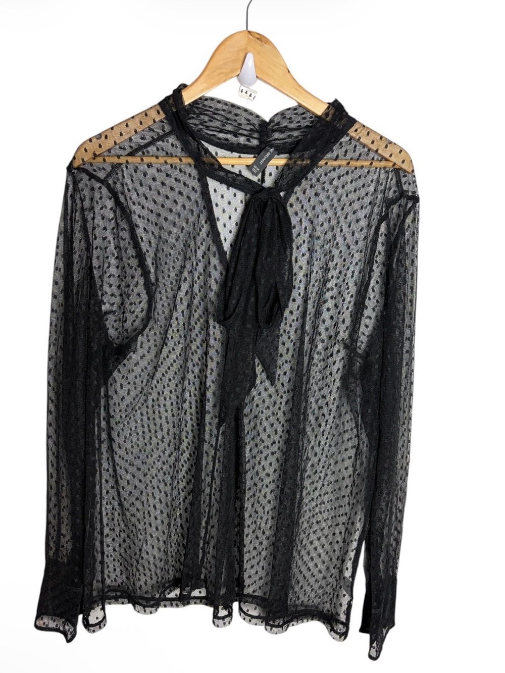 Lane Bryant black nylon mesh Swiss dot tie neck sheer long sleeve blouse 22/24